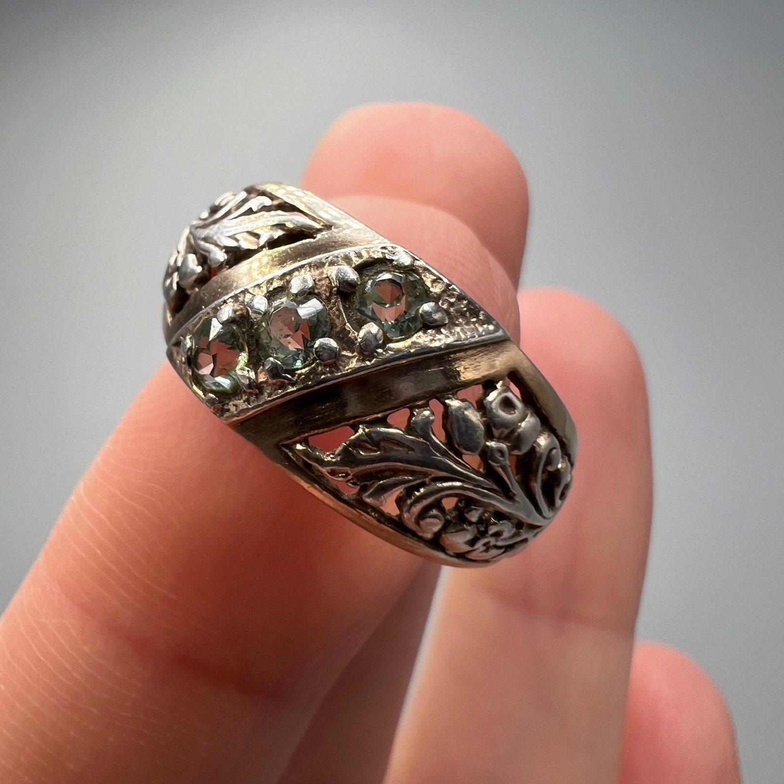 Vintage Soviet Silver 875 Ring with Green Stones Floral Design Size 6.5