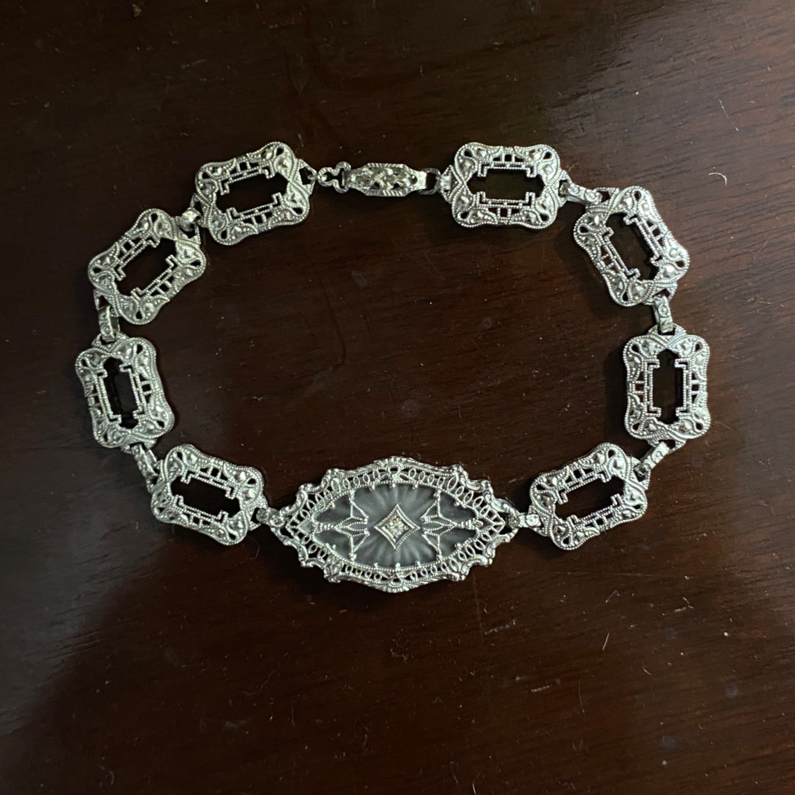 10K White Gold Camphor Glass Diamond Art Deco Filigree Bracelet 7.5″
