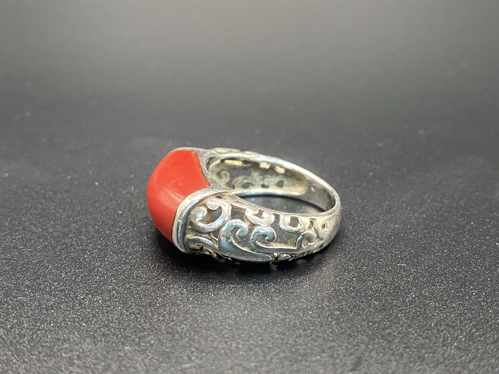 Sterling Silver Filigree Ring Red Coral Oval Cabochon Bezel Set Band 4mm .