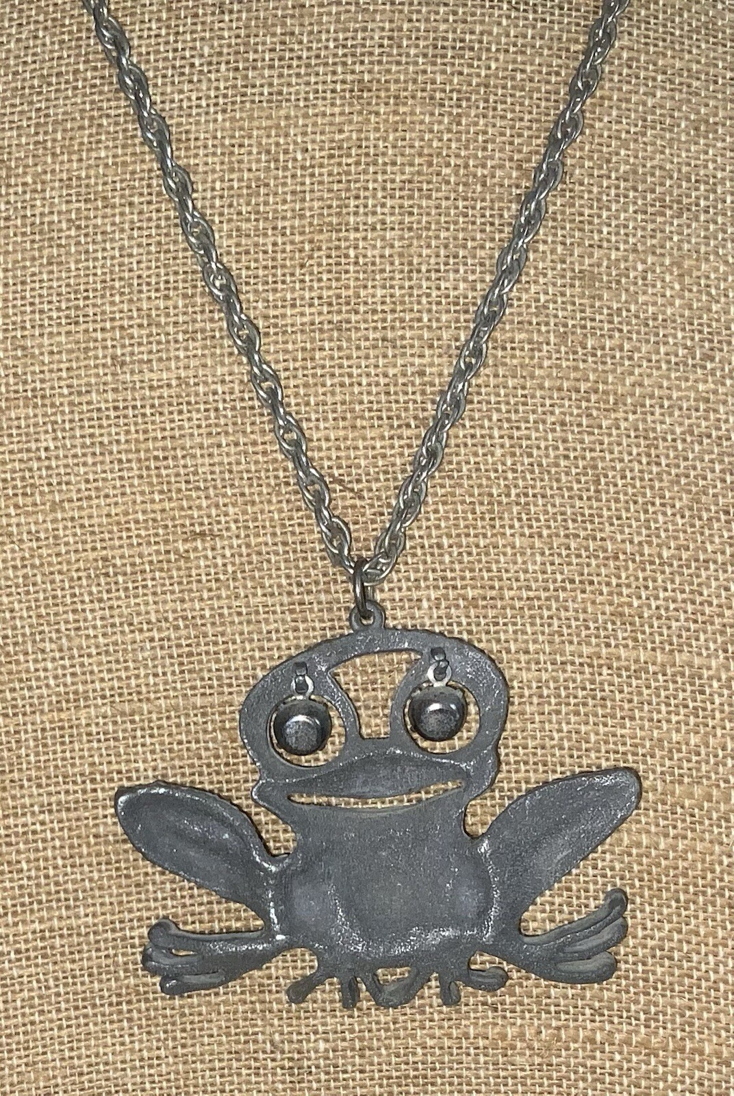 Vintage, Gray Metal Frog Pendant W/ White Rhinestones Articulate Eyes, Necklace