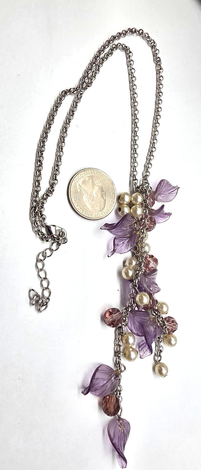 Purple Crystal Acrylic Leaf Faux Pearl Bead Dangle Chain Necklace Vintage
