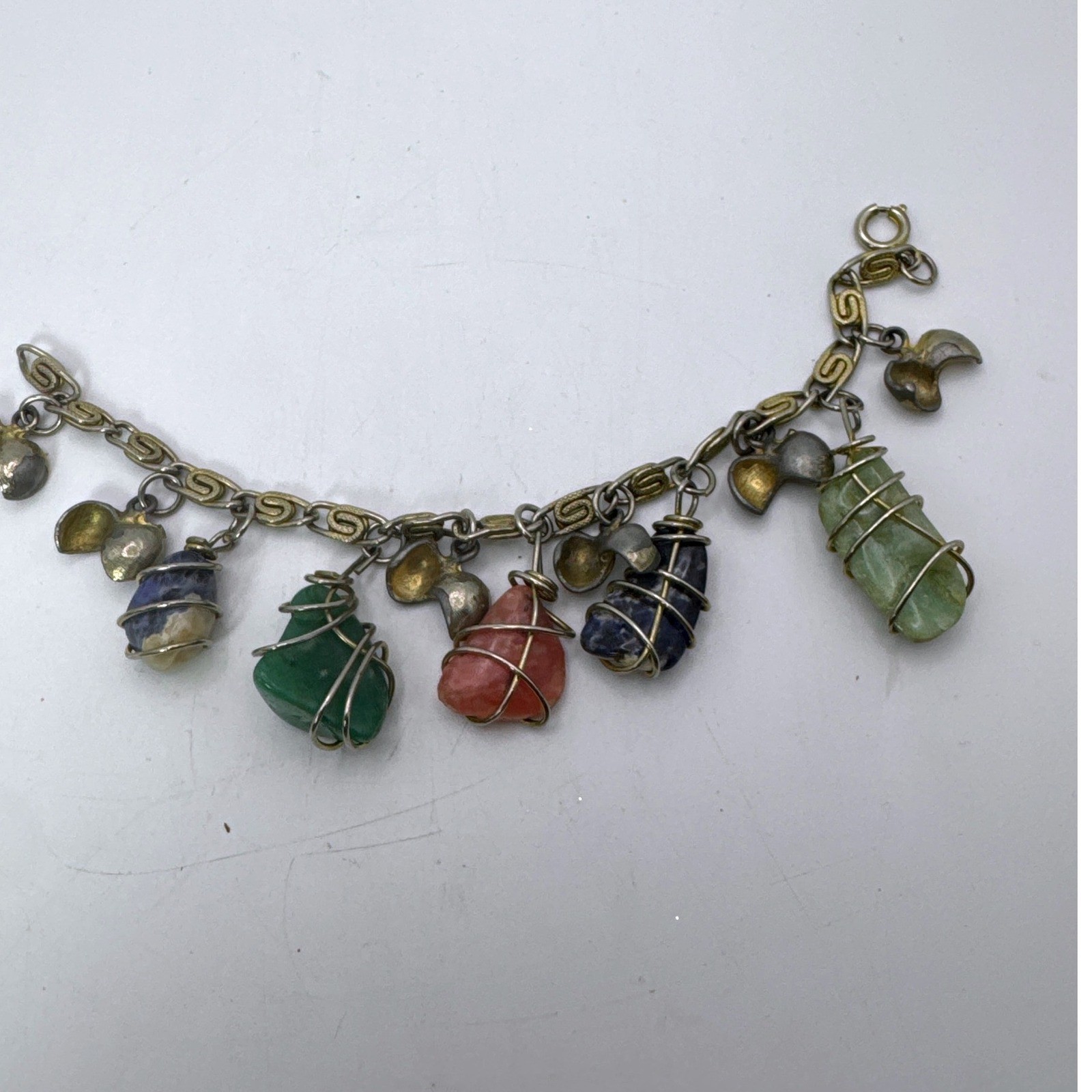 Vintage Wire Wrapped Raw Gemstone Nugget Charm Bracelet Mixed Metal Boho 7.5″