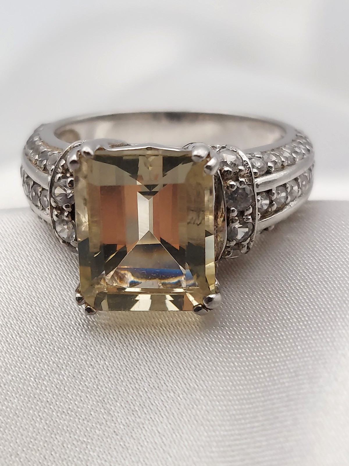 Sterling Silver Crystals & Citrine Rectangle 3 row Ring Size 8 Vtg HSN “B” 3ct