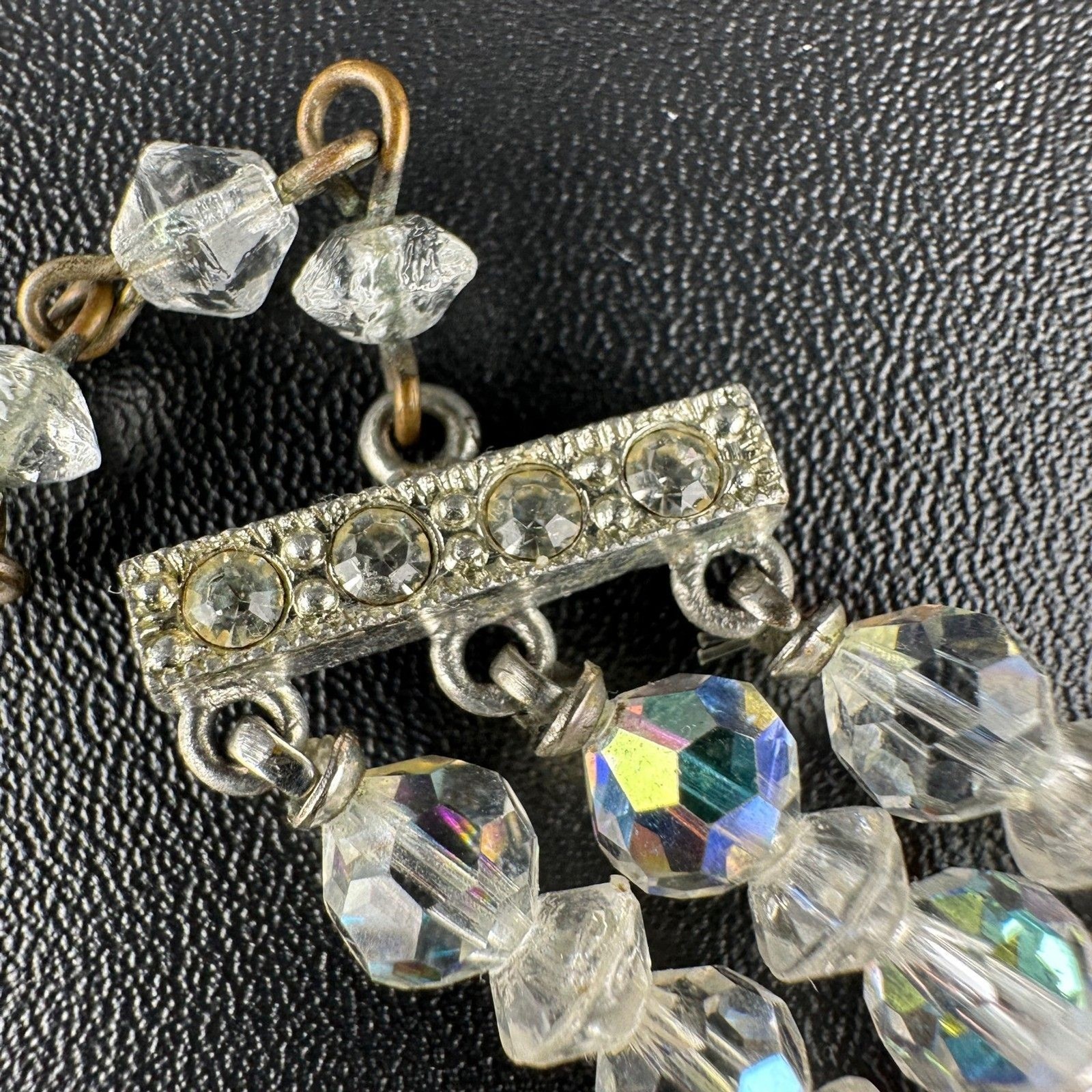 Vintage Aurora Borealis Necklace Crystal Faceted Three Strand Adjustable Hook