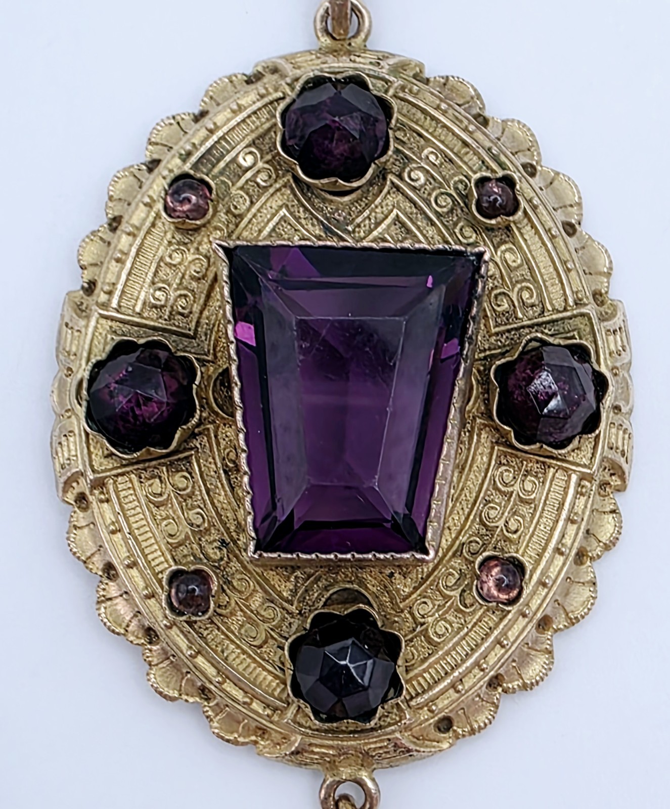 Antique Austro Hungarian Floral Filigree Lace Pendant Necklace Purple Glass