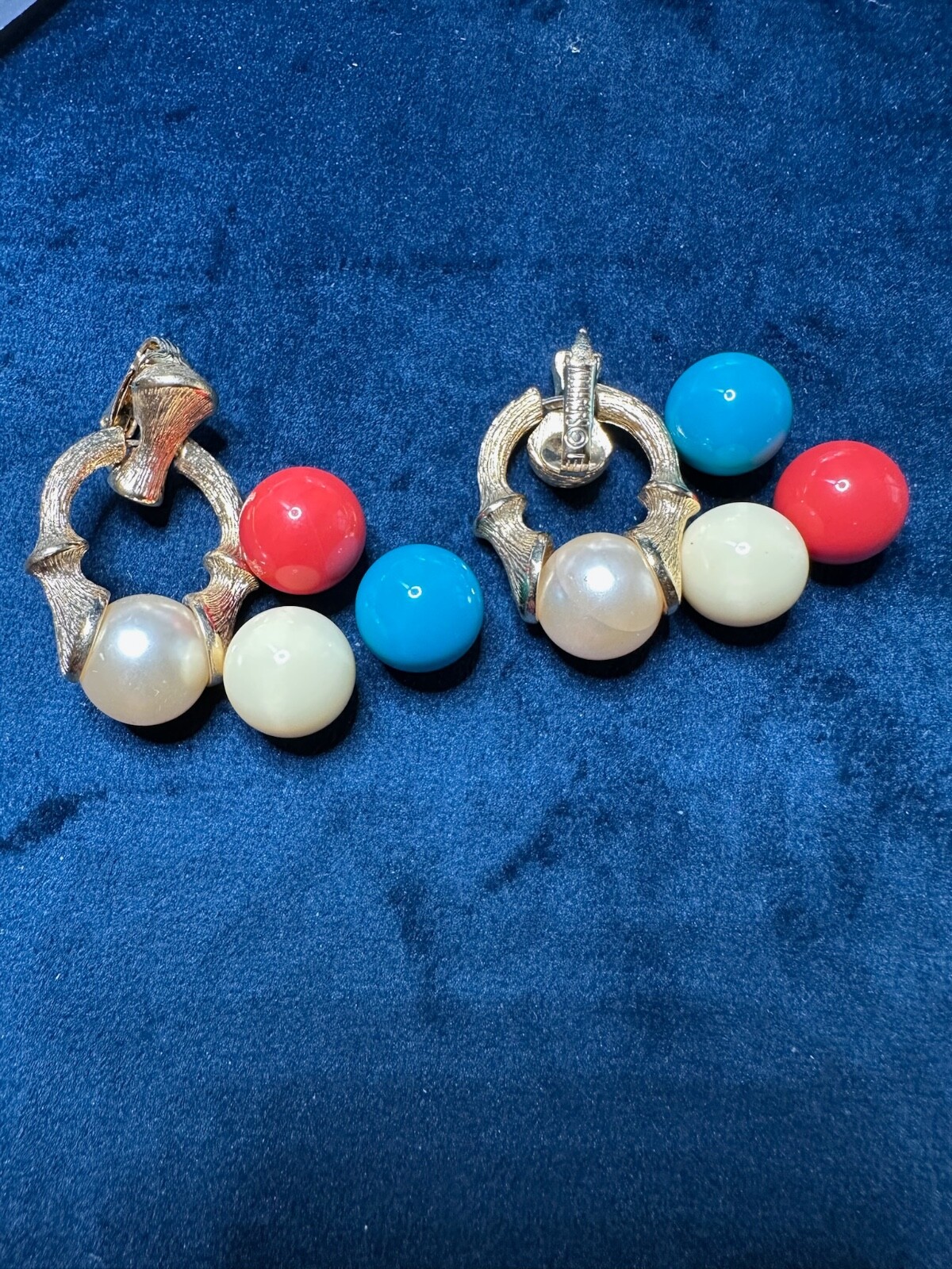 Sarah Coventry Vintage Interchangeable Bead Clip On Earrings Gold Tone Bamboo