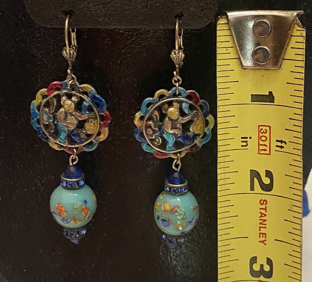 Vintage Asian Themed Colorful Ronde Bosse Enamel Art Glass Rhinestone Earrings