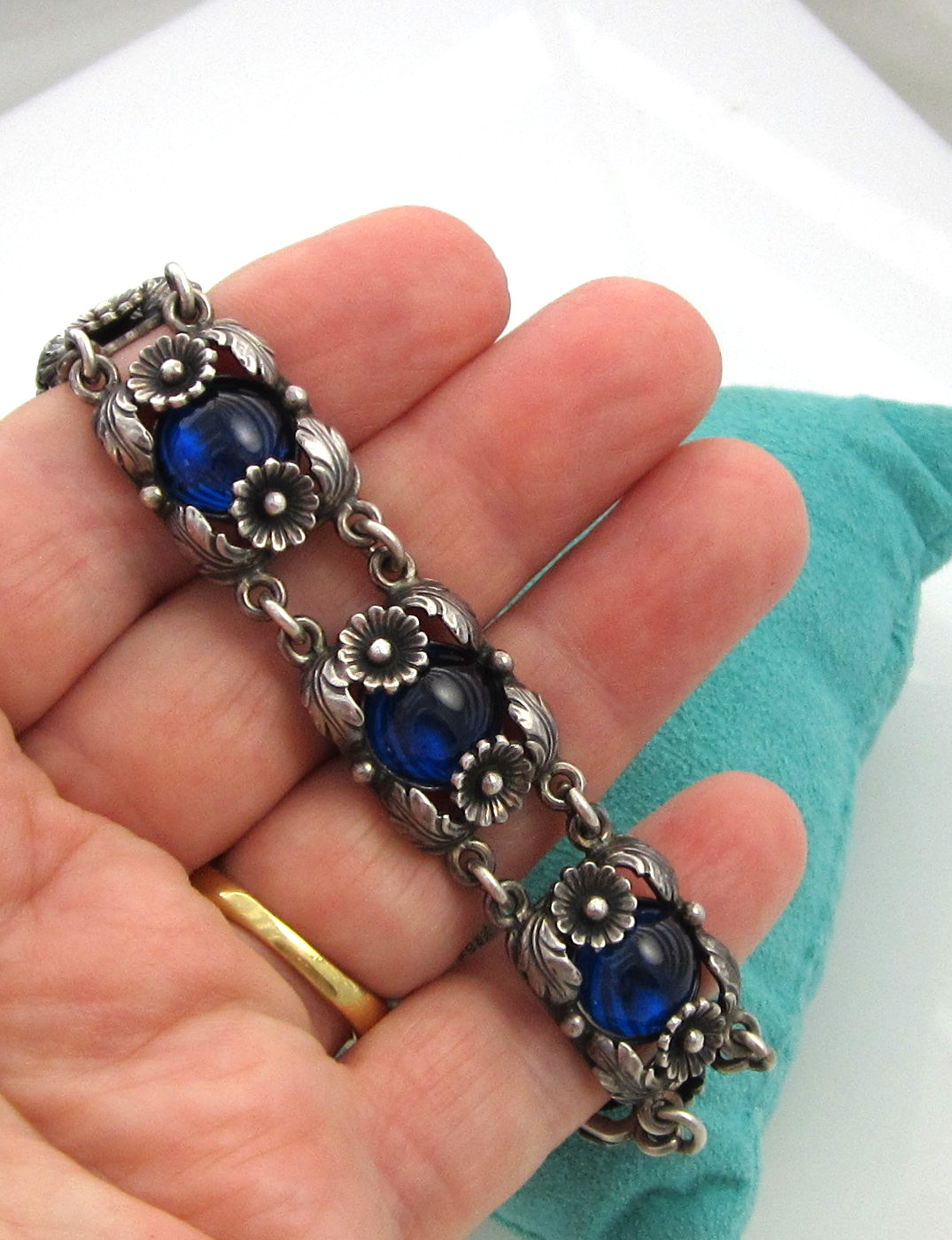 Estate Vintage Sterling Silver Blue Cabachon NIELS ERIK DENMARK Flower Bracelet