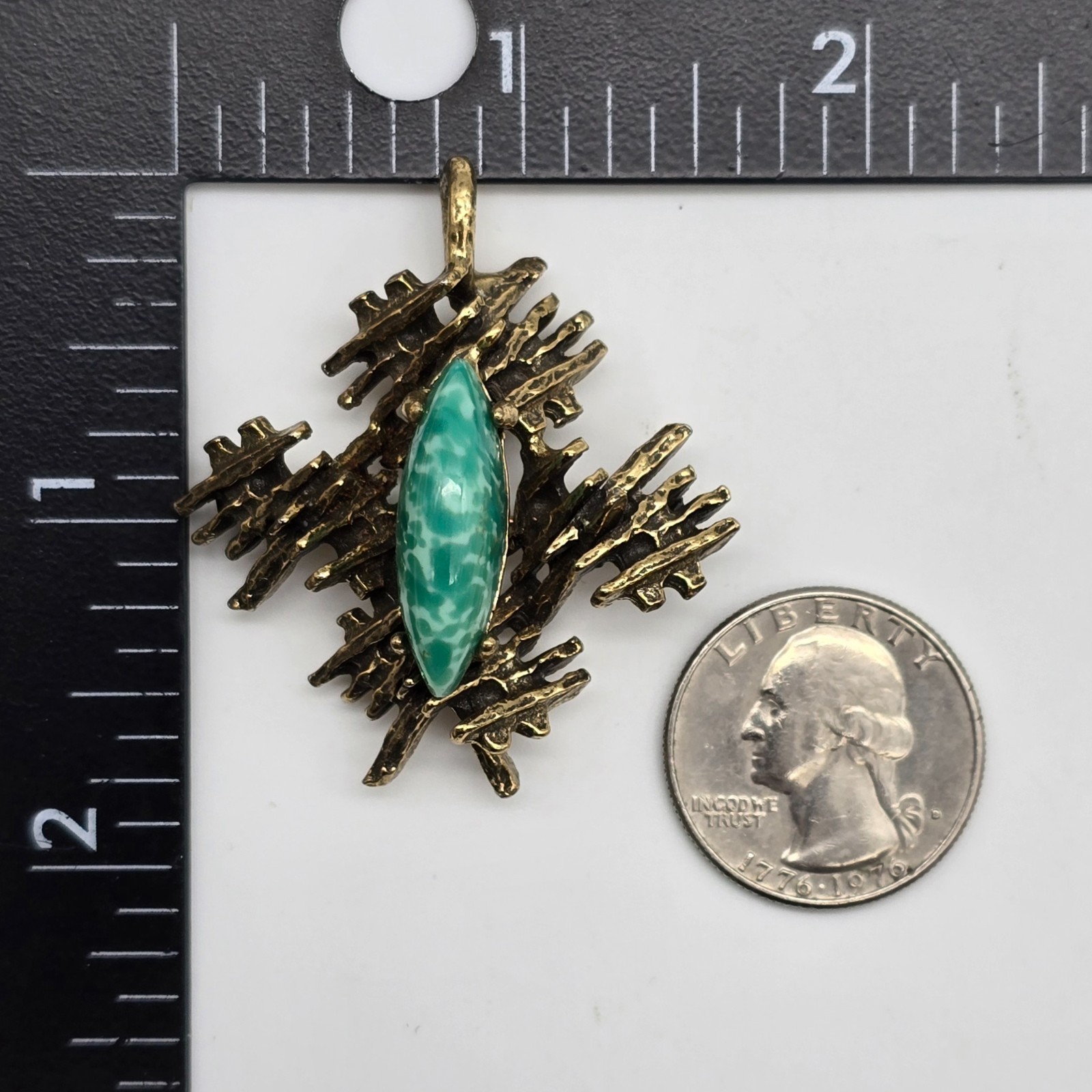 Vintage ZENTALL Brutalist Green Glass Gold Tone Brooch / Pendant