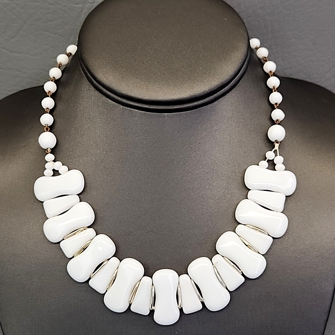 Vintage Beaded Necklace White Milk Glass Choker Hook Clasp West Germany 16″