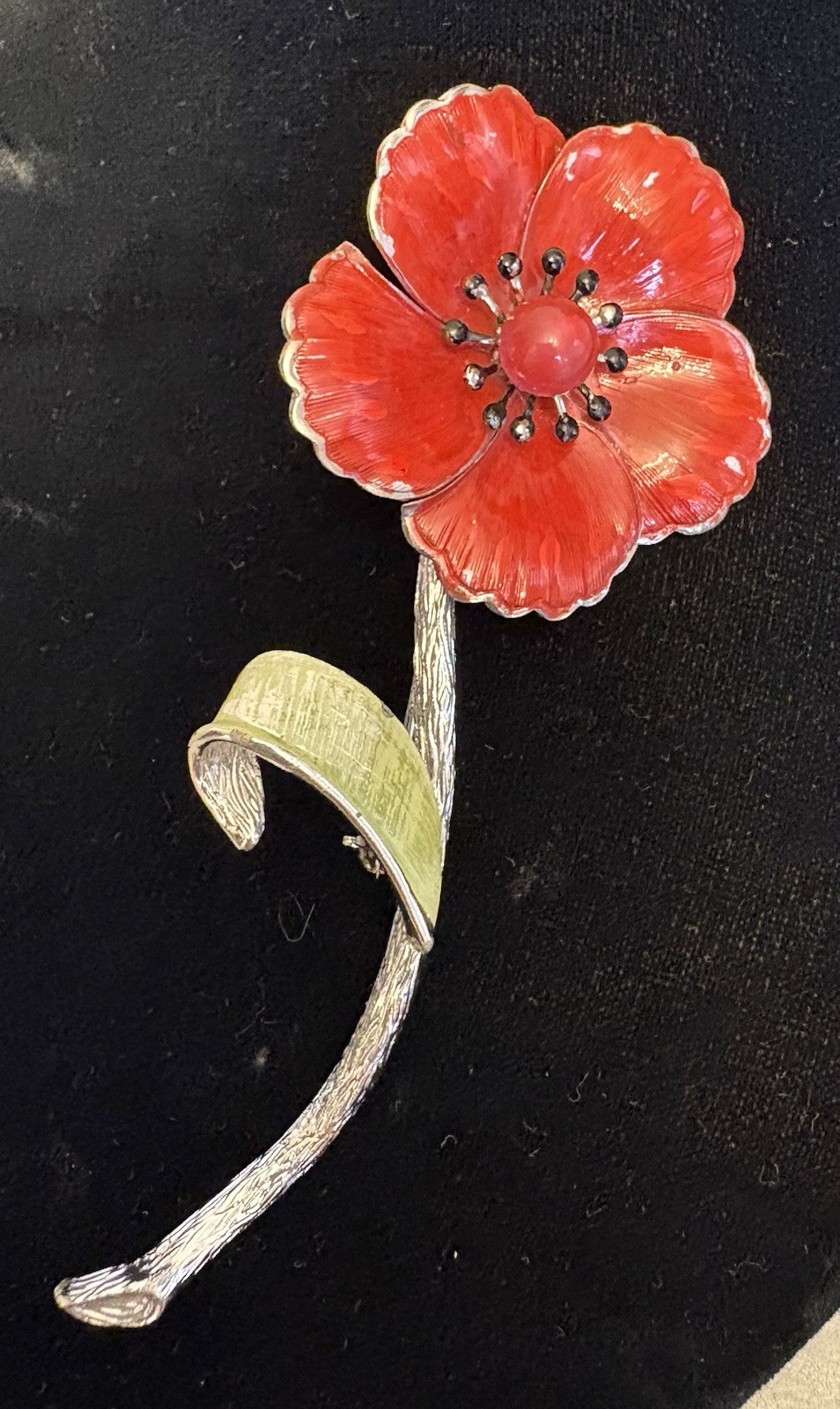 Vintage 60s Enamel Flower Power Brooch Long Stem Red Poppy Silvertone 4.25″