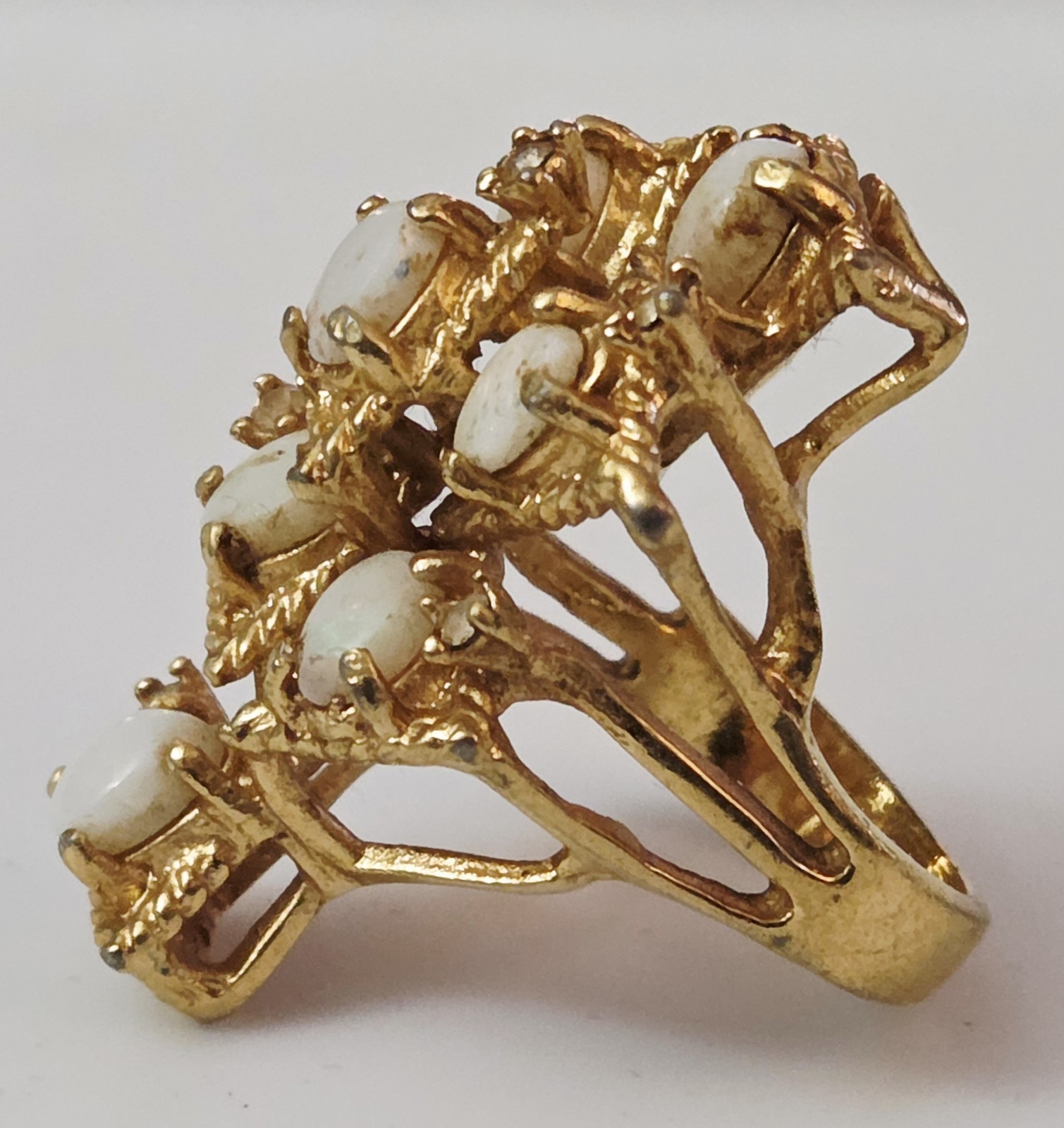 Vintage 18kt HGE Gold Plated & Opal Modernist Brutalist Statement Size 6 Ring