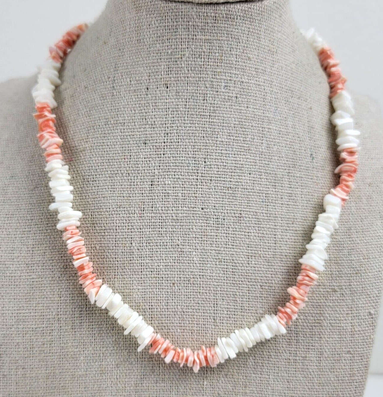 Vintage Pink And White Puka Shell Necklace 16.5 In Barrel Clasp Hawaiian Surfer