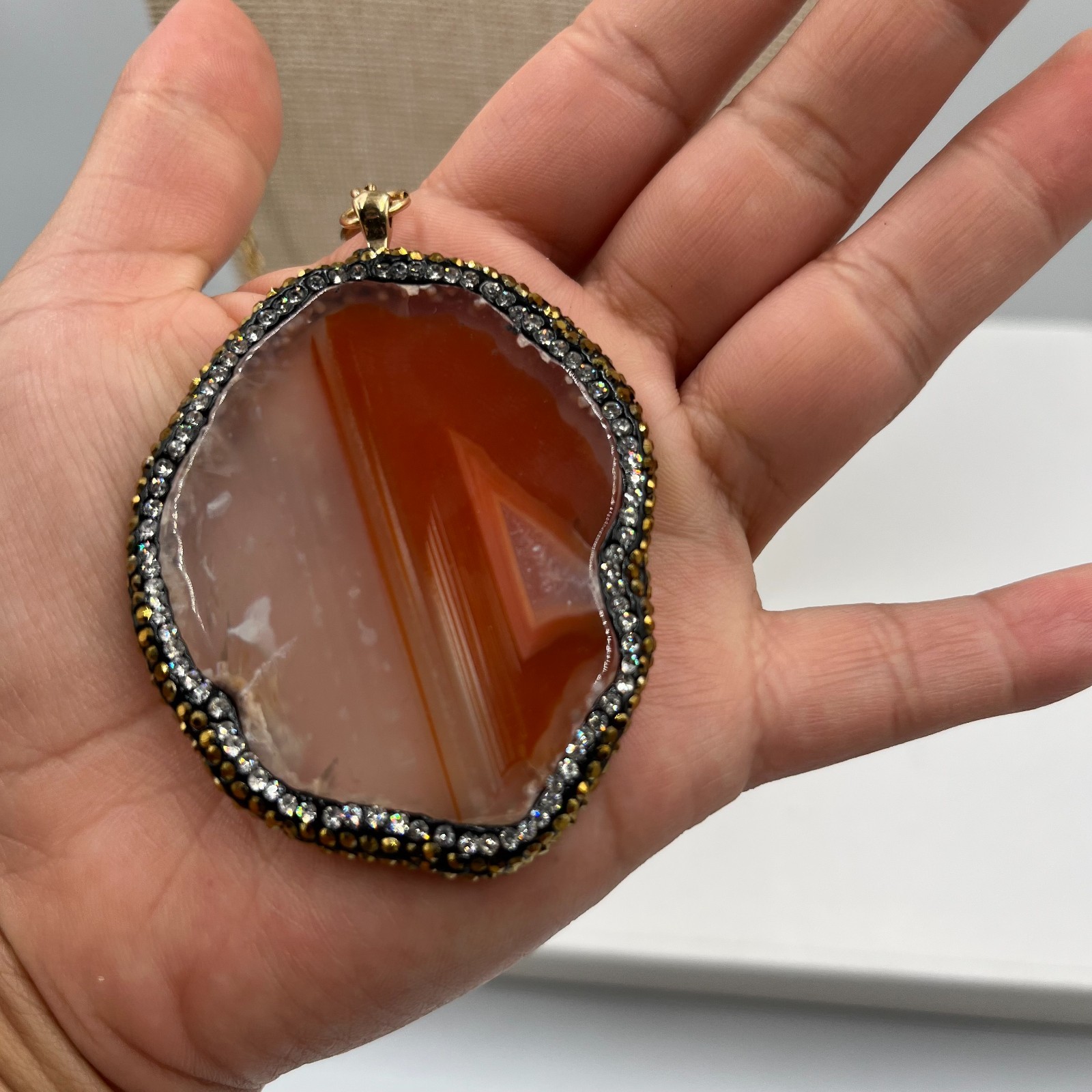 Vintage Banded Agate Slice Pendant Necklace Gold Tone Orange White Geode Boho