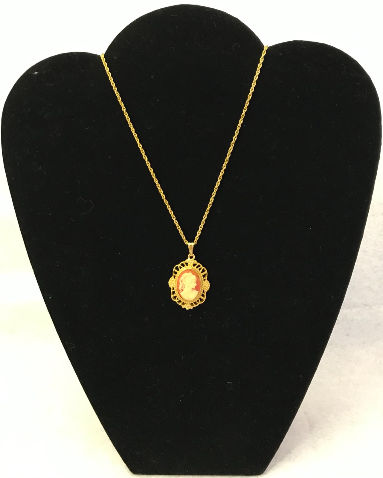 Vintage 24″ Gold Tone, Cameo, Ivory and Salmon Color, Pendant Necklace, JWL-1081