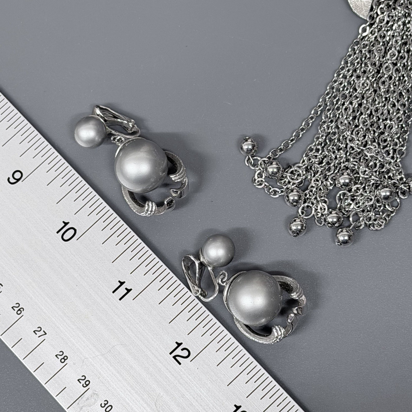 Vintage Tassel Necklace Multi Chain Gray Faux Pearl Clip Earrings Brooch Set