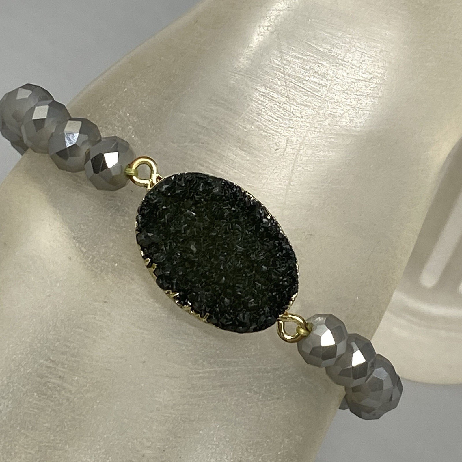 Black Druzy Stone Bracelet Gray Metallic Iridescent Fire Polish Faceted Stretch
