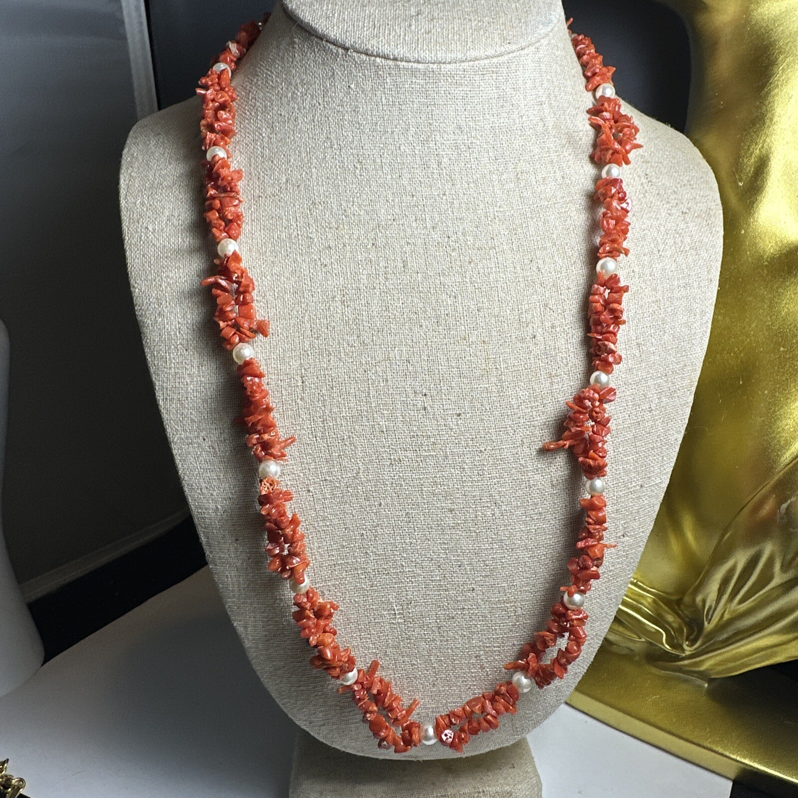 Vintage 24 Inch Genuine Coral And Pearl Necklace