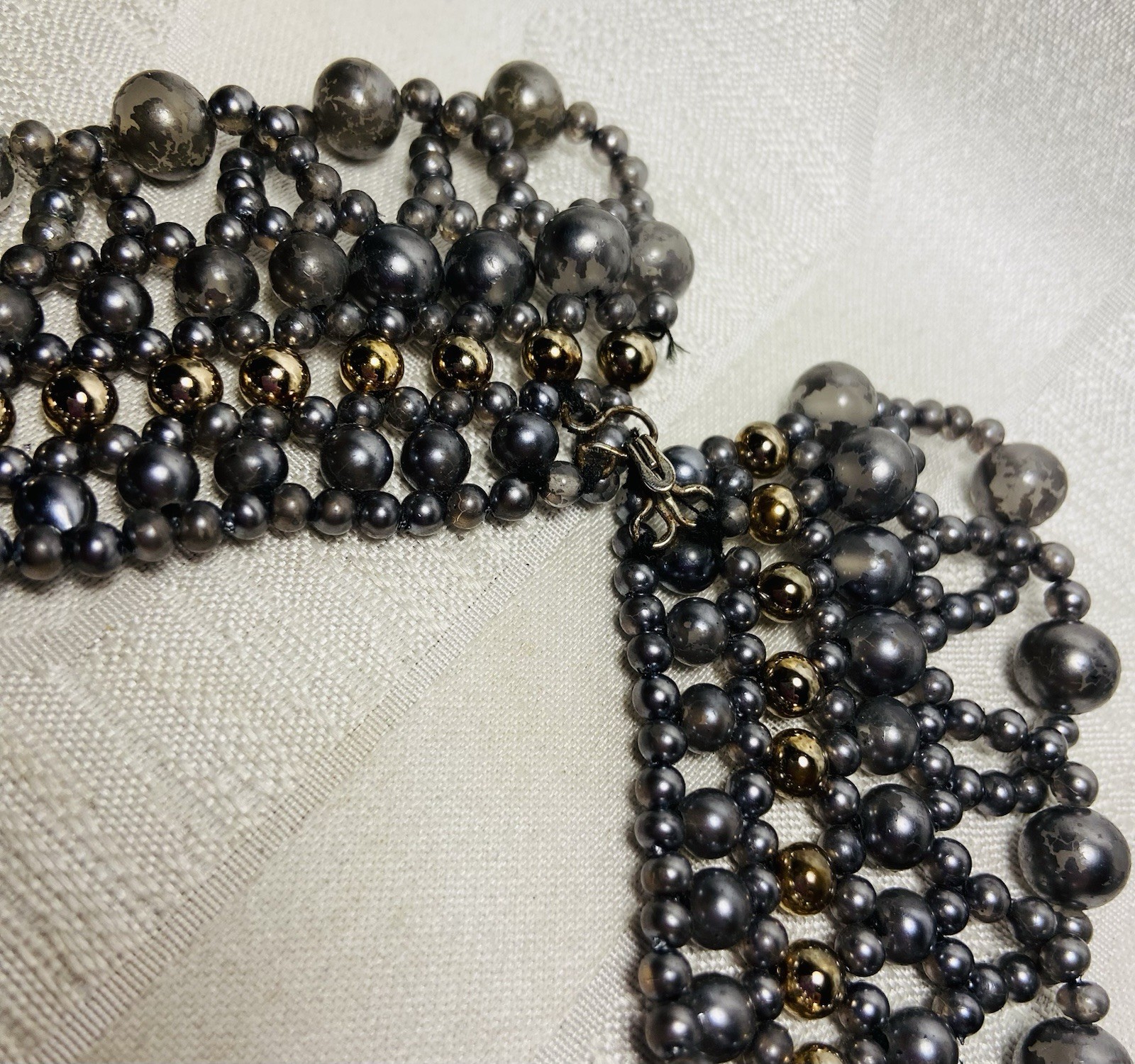 Vintage 1960s Hand Knotted Beaded Collar Necklace Gray Gunmetal Gold Tone Bib