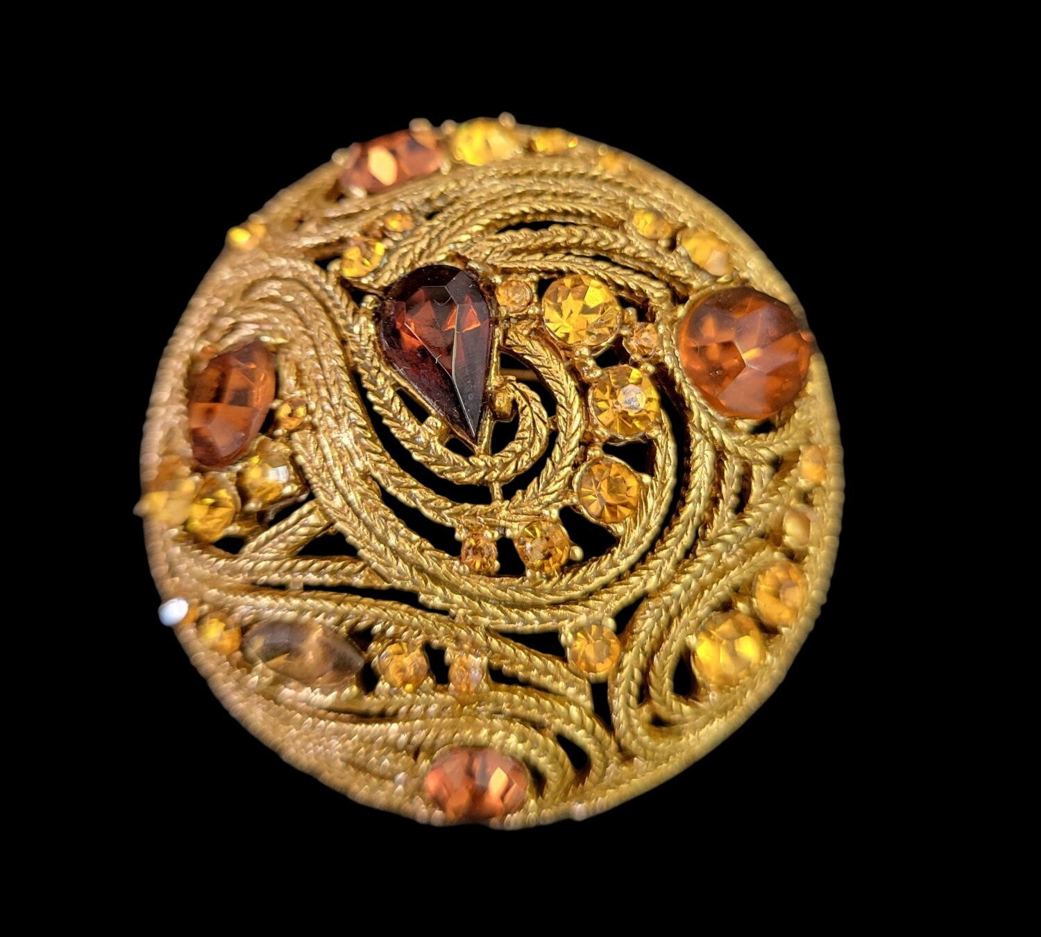 Rare Vintage La Roco Domed Brooch Braided Filigree Citrine Topaz Austrian Crysta