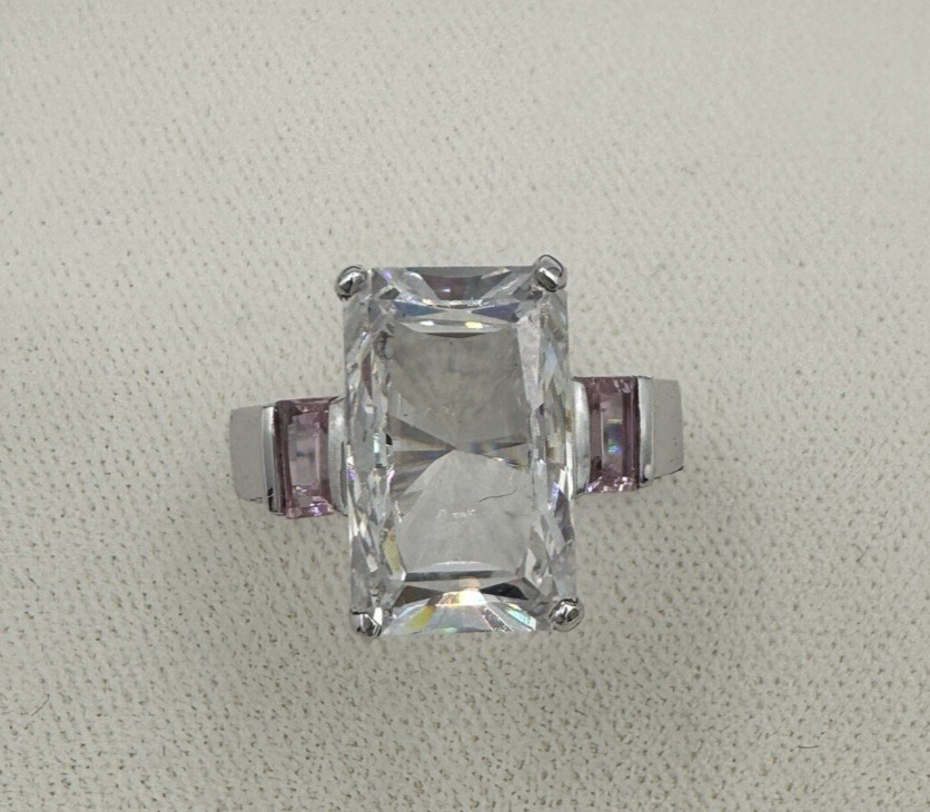 Vtg Hollywood Collection Ring Size 9 Clear CZ w/ Pink CZ Side Stones Silver 925