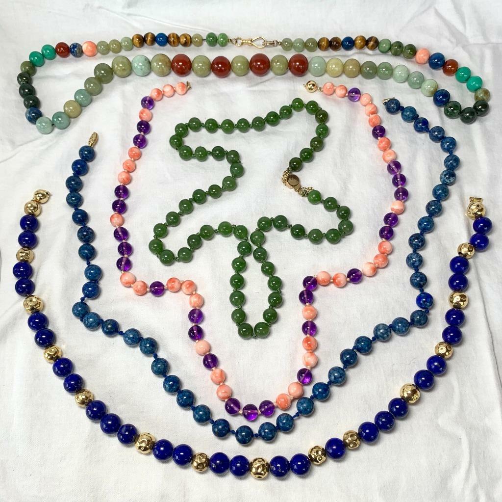 Jade Carnelian Lapis Malachite Tiger’s Eye 14 Karat Gold Necklace Dog Clip Clasp