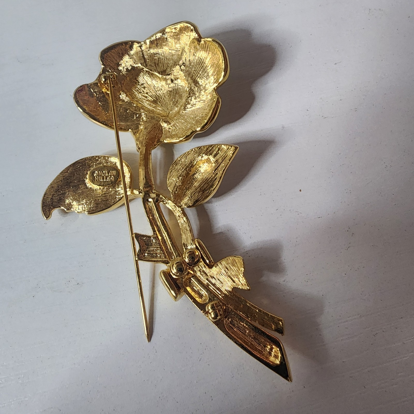 Vintage Nolan Miller Large Brooch Pin Pave Rose Flower Gold Tone & Rhinestones