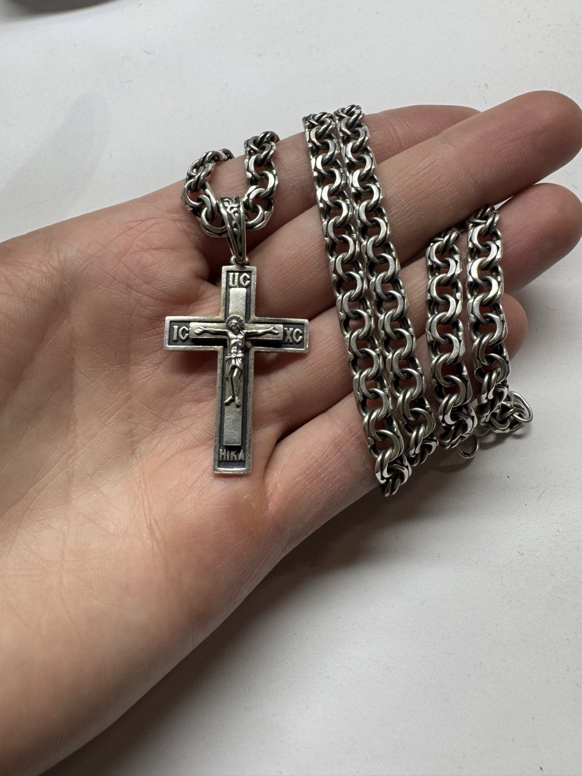 Heavy 925 Sterling Silver Orthodox Crucifix Pendant & 64cm Bismarck Chain 46.9g
