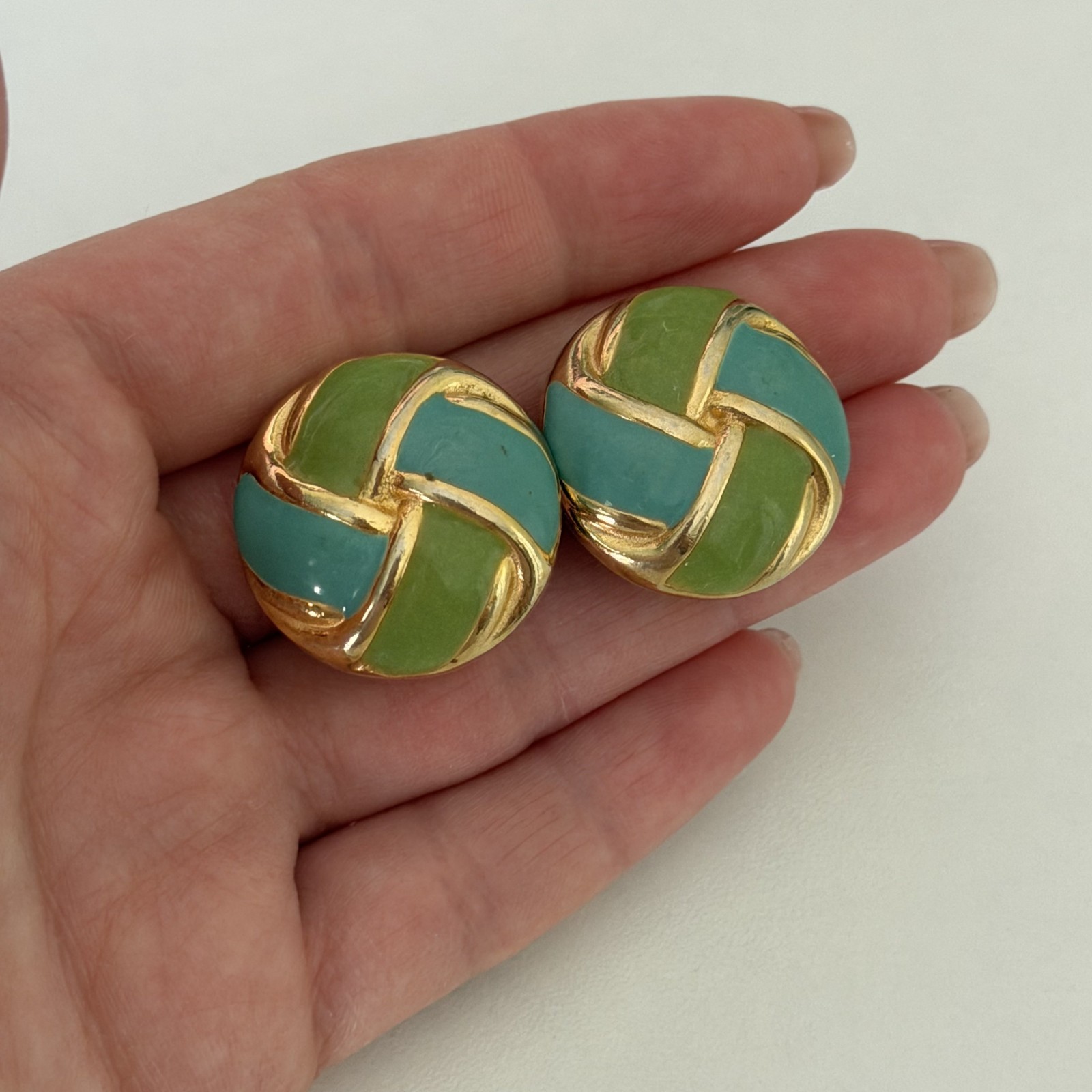Vintage Gay Boyer Signed Green Blue Enamel Round Twist Clip On Earrings