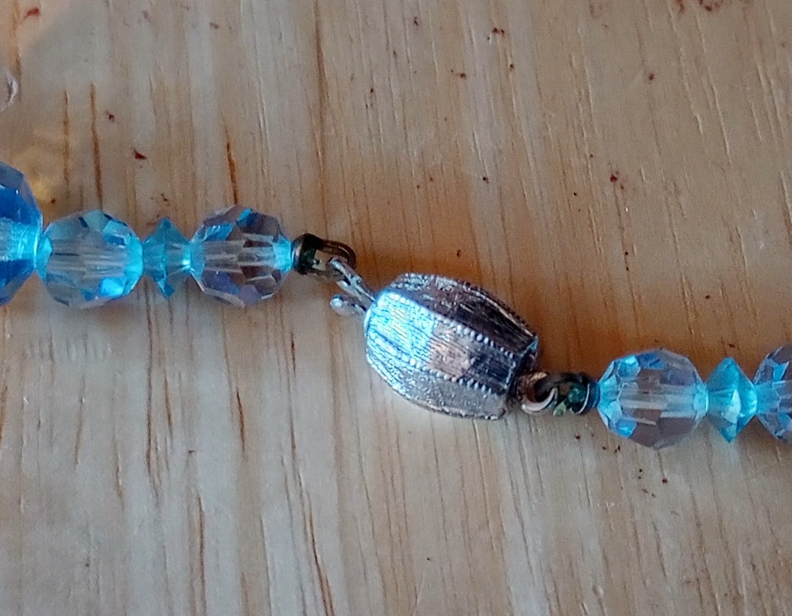 Vintage Jewelry Blue & Clear Faceted Cut Glass Beaded Necklace & Clip Earrings
