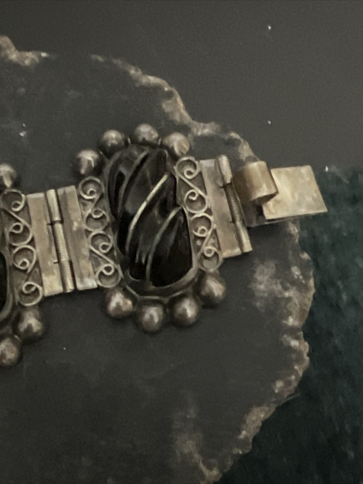Vintage Sterling Onyx Bracelet & Earrings Set By Del Rio 64 Grams