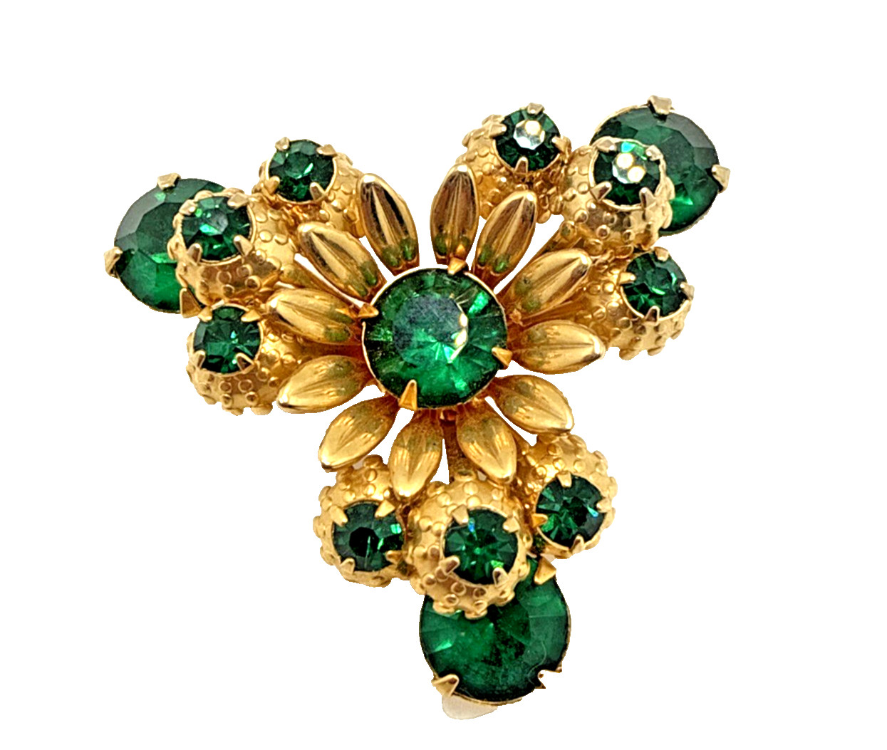 Vintage Emerald Green Rhinestone Flower Brooch Gold Tone Layered Floral MCM Pin