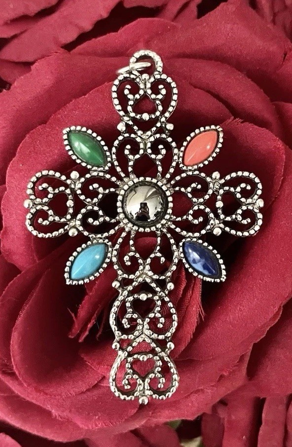 Vintage Avon Romanesque Cross 3” Pendant 1970s Silver Filigree Multicolor Stone