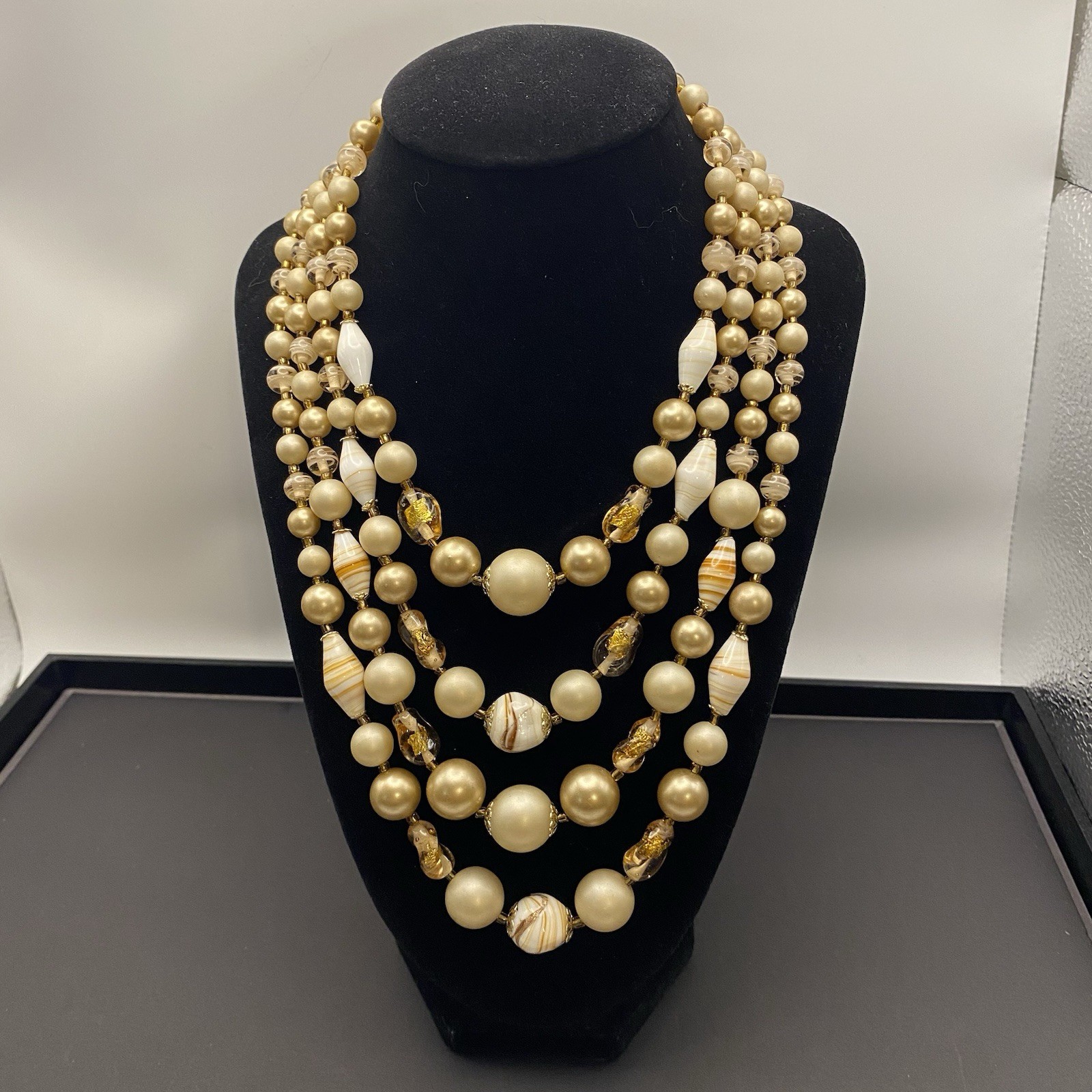 Stunning Vintage Multi-Strand Gold and Cream Beads with Art Glass