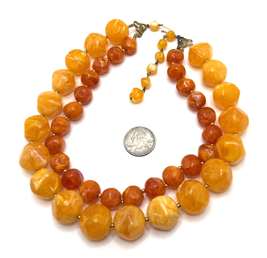 Vintage Double Strand Beaded Choker Necklace Orange Lucite Swirl Mid Century 18″