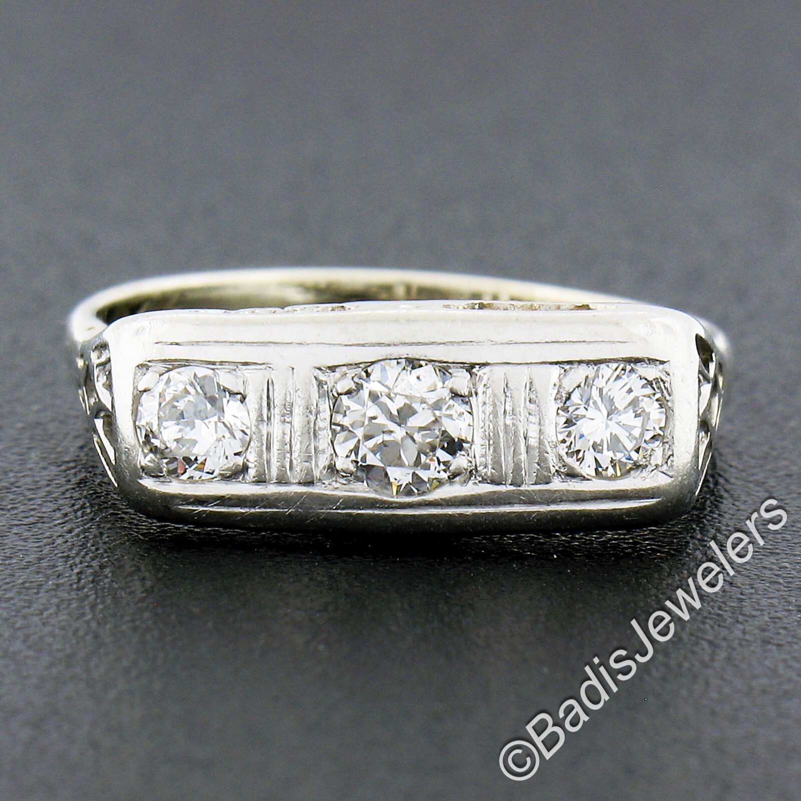 Antique Edwardian Platinum & 14K Gold 0.35ctw Diamond Filigree 3 Stone Band Ring