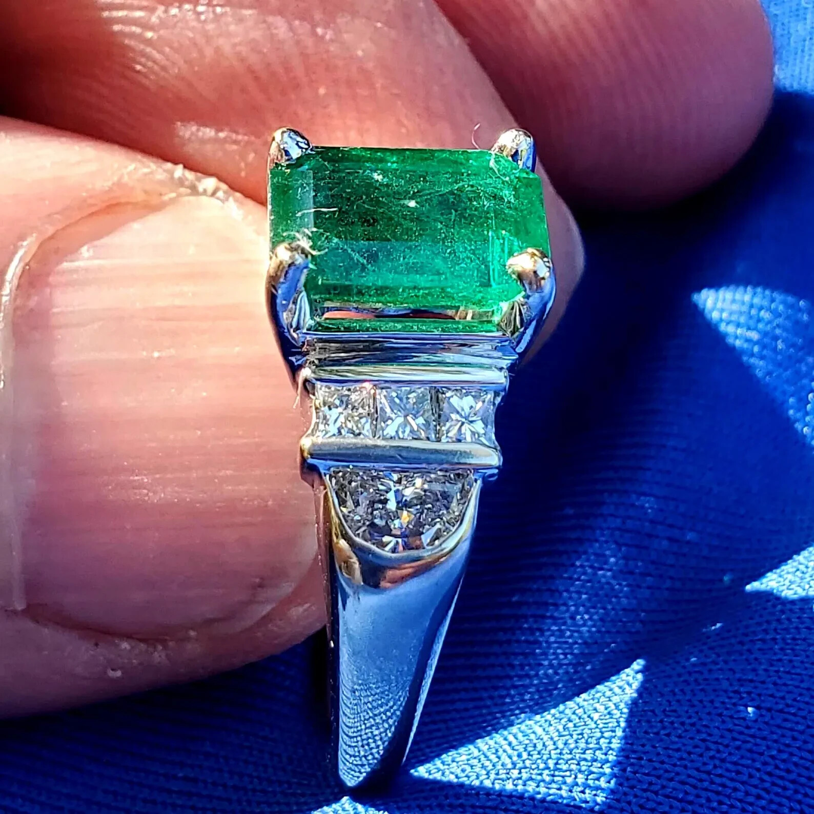 Original EARTH MINED EMERALD DIAMOND Deco Engagement Ring 14K GOLD Solitaire S 7