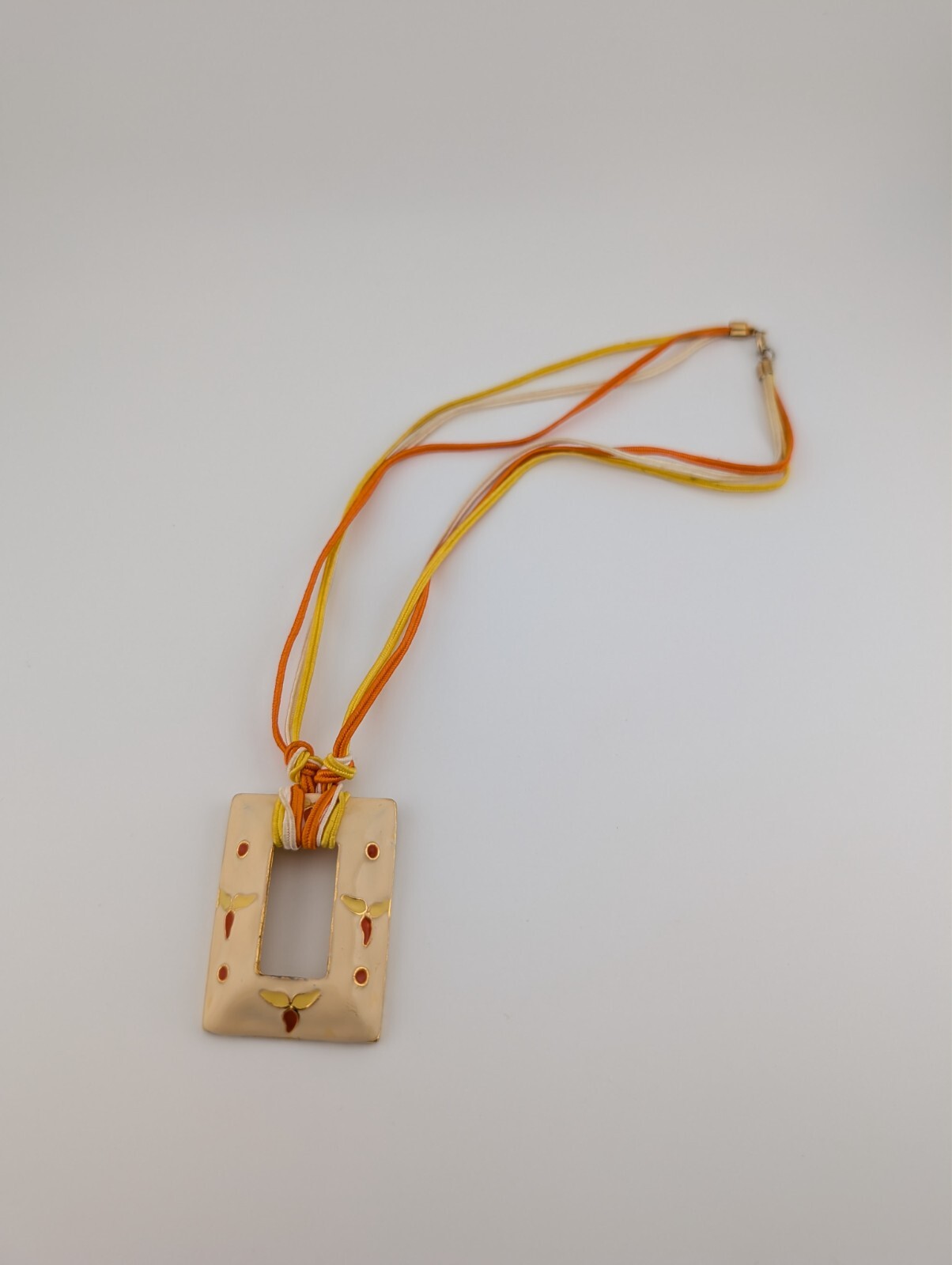 Vintage Gold Tone Fabric String Rectangle Cream Orange Enamel Pendant Necklace