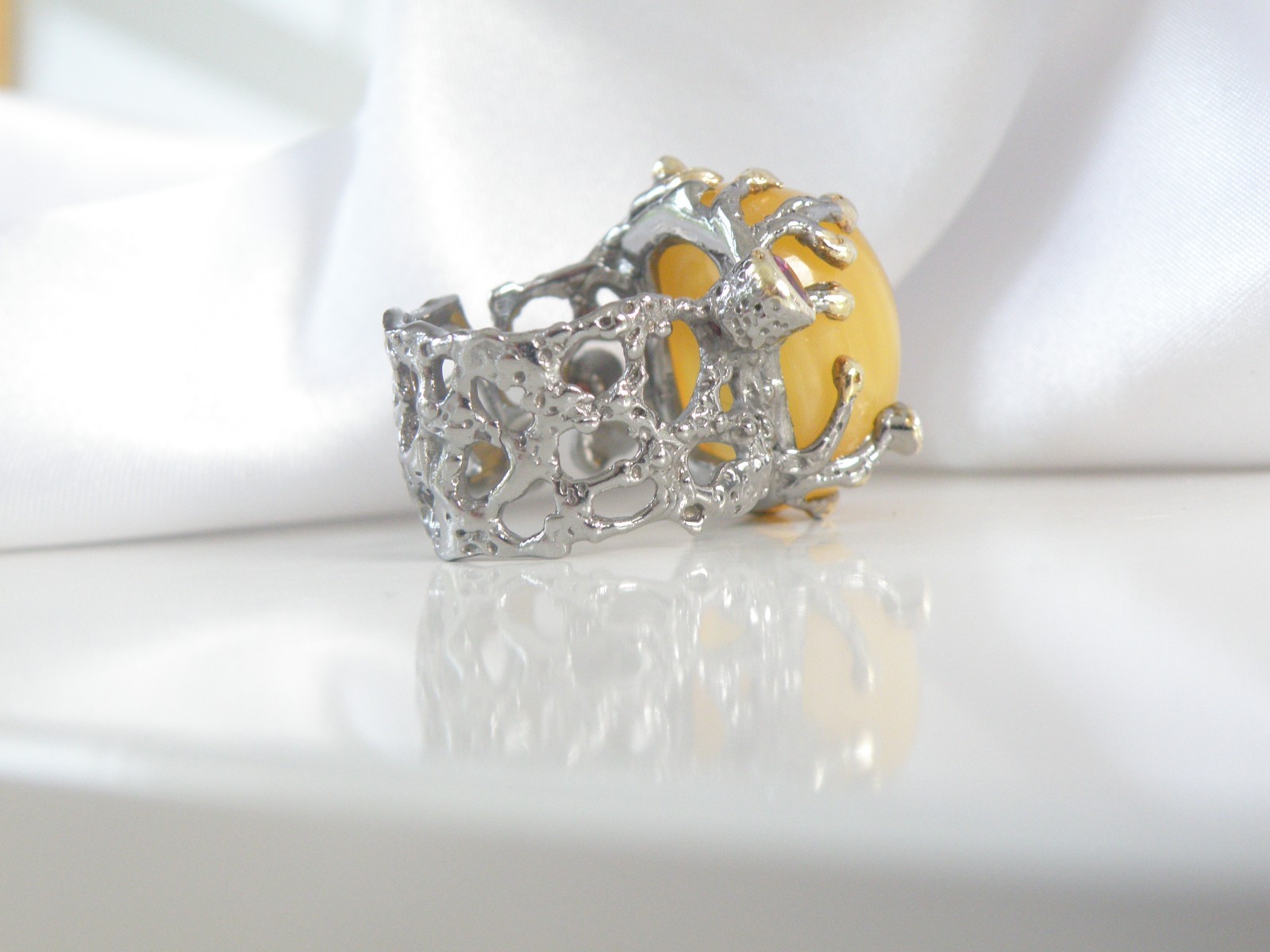 Brutalist Sterling Silver 925 Huge Butterscotch Amber Modern Statement Ring 7.5