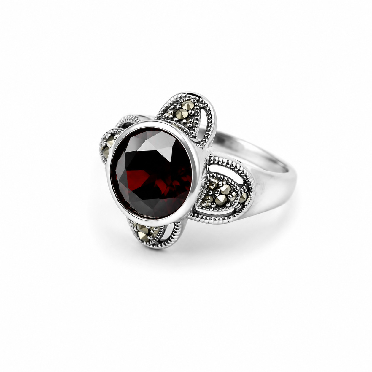 Fine Rare Red Garnet 925 Sterling Silver Round Ring US#7 1/4
