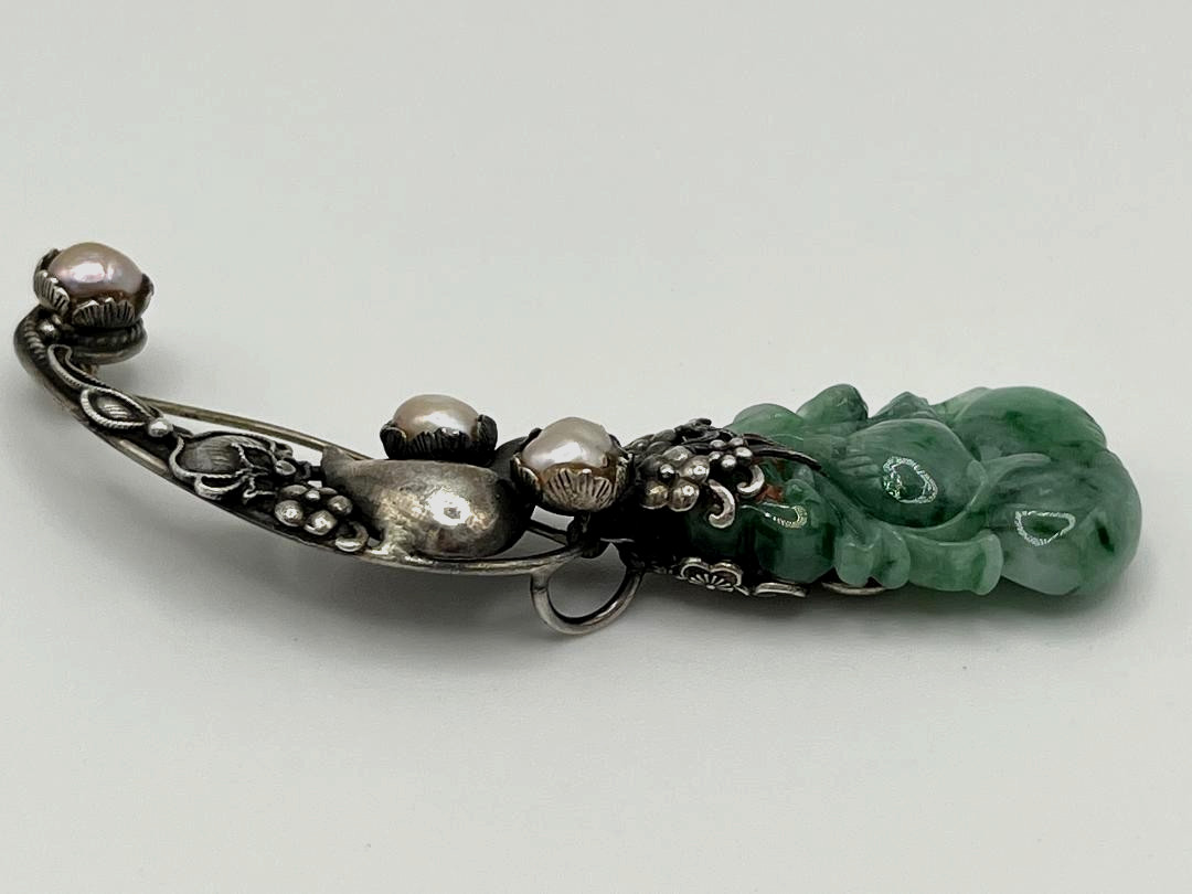 Estate Vtg Chinese Export Carved Green Jadeite Jade 925 Sterling Silver Brooch