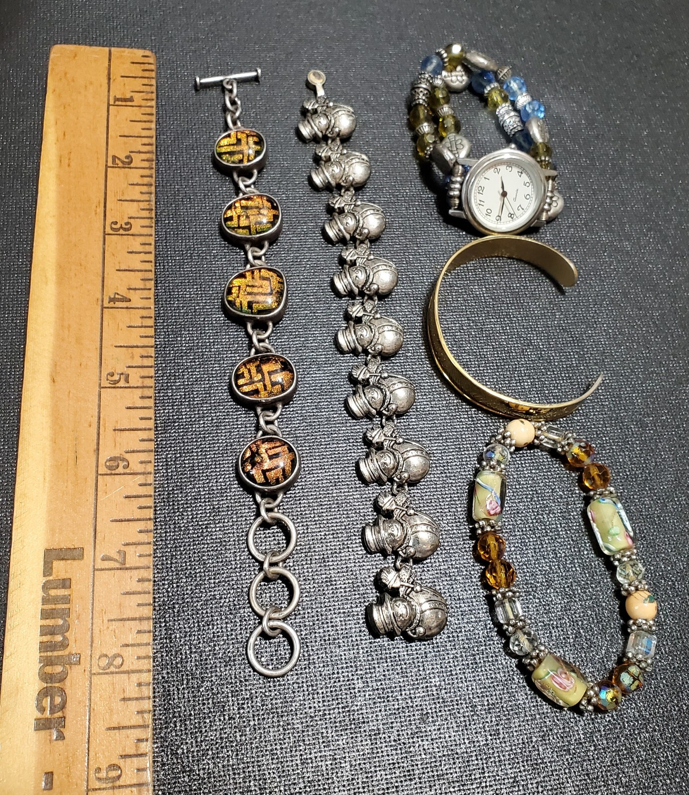 Vintage Bracelet Lot Of 5, Pewter Snowmen, Resin & Metal, Glass Bead Wristwatch