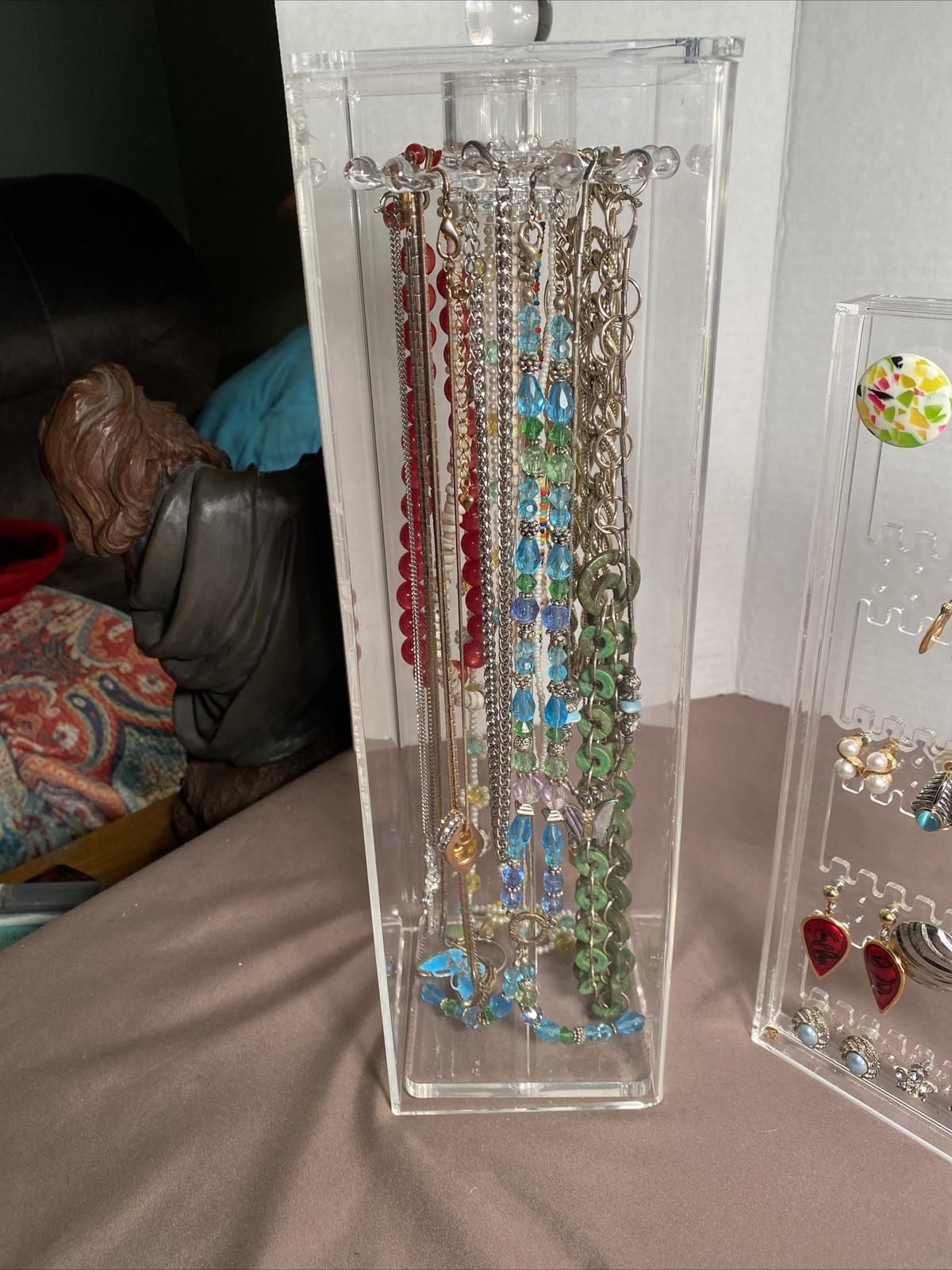 Vintage Lot 60 Pairs Earrings, 15 Necklaces & Acrylic Displays Monet, Avon