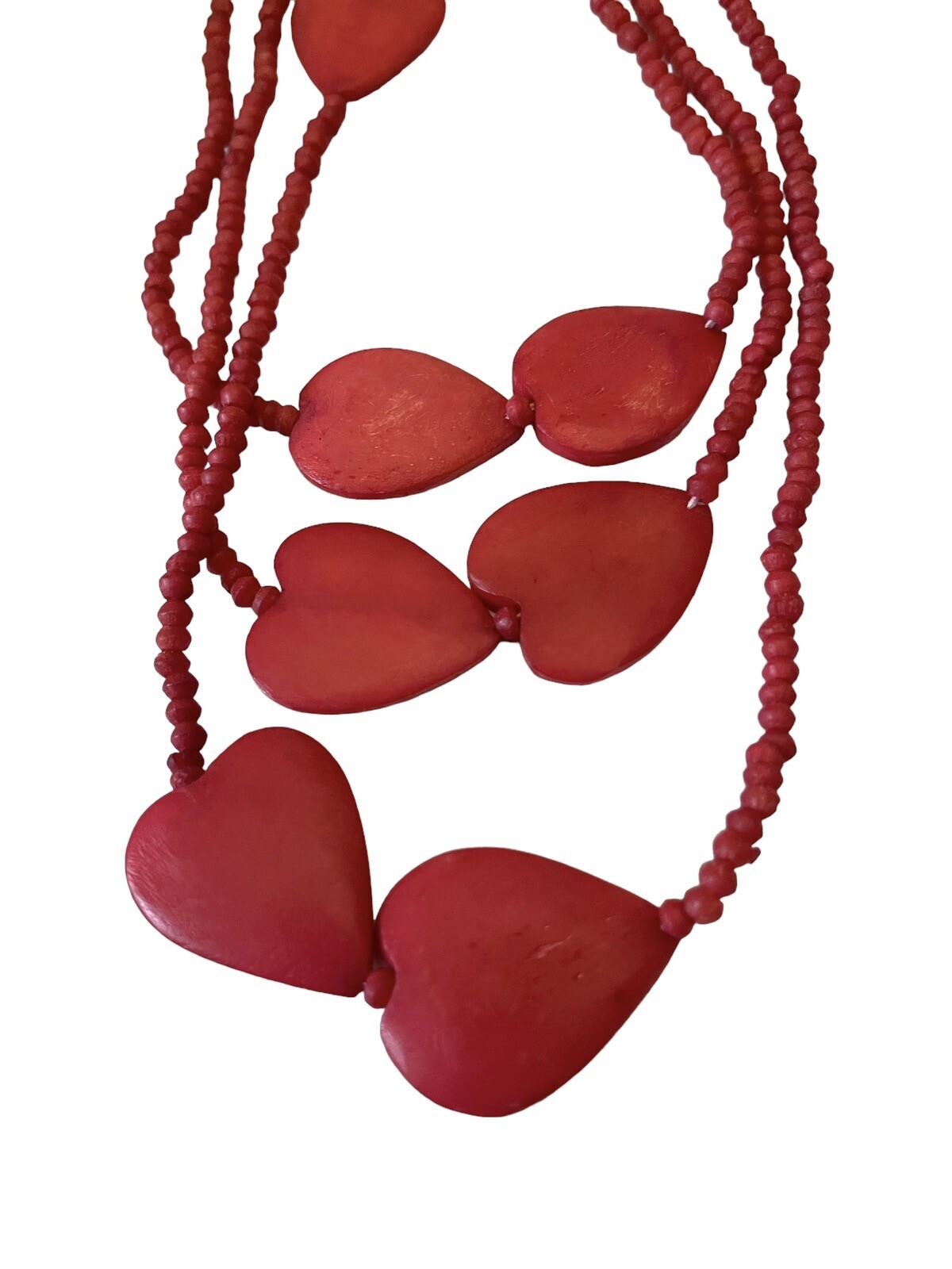 Vintage Hearts Red Beads Choker 33” Triple Strand Necklace