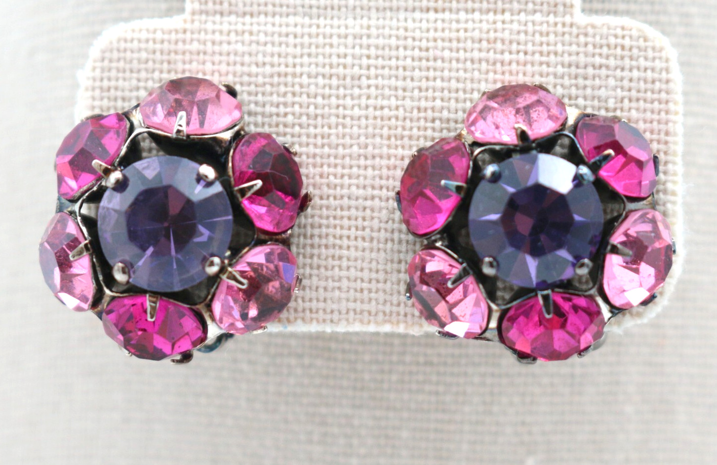 Lovely Vintage Pink & Purple Rhinestone Flower Shape Gunmetal Clip On Earrings