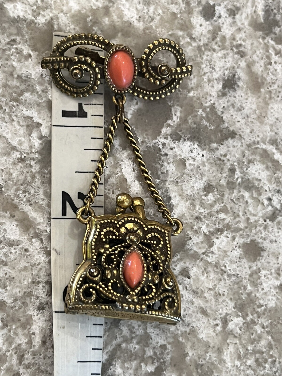 Pin Brooch Filigree Purse Coral Color Stone Dangle Pin