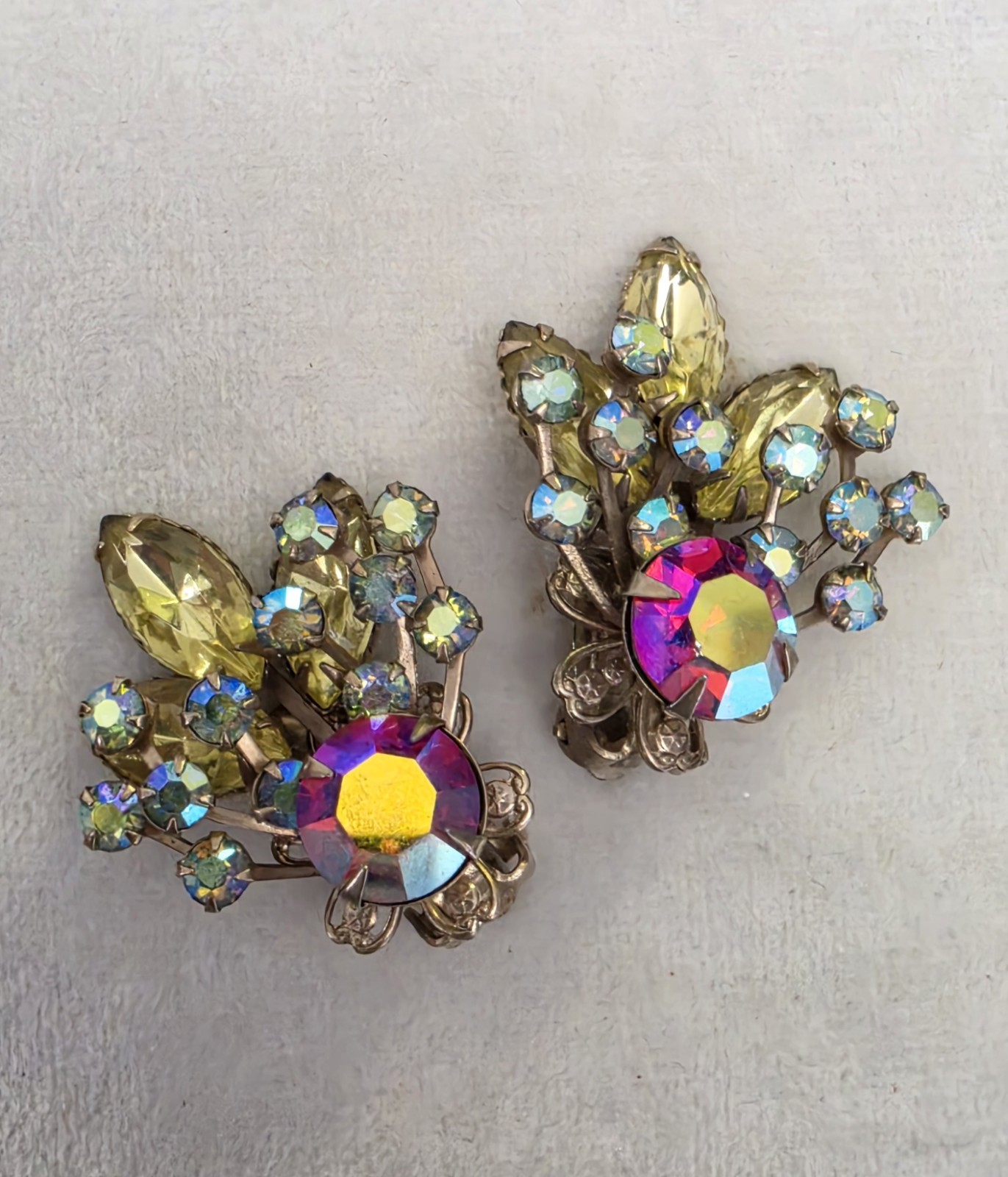 Vintage Multicolor AB Rhinestone Red Yellow Navette Floral Spray Clip Earrings