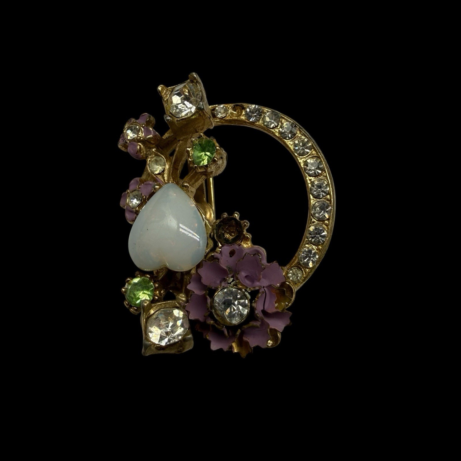Circle Wreath Enamel Flower Opalescent Heart Rhinestone Pin Brooch As Is 1960s