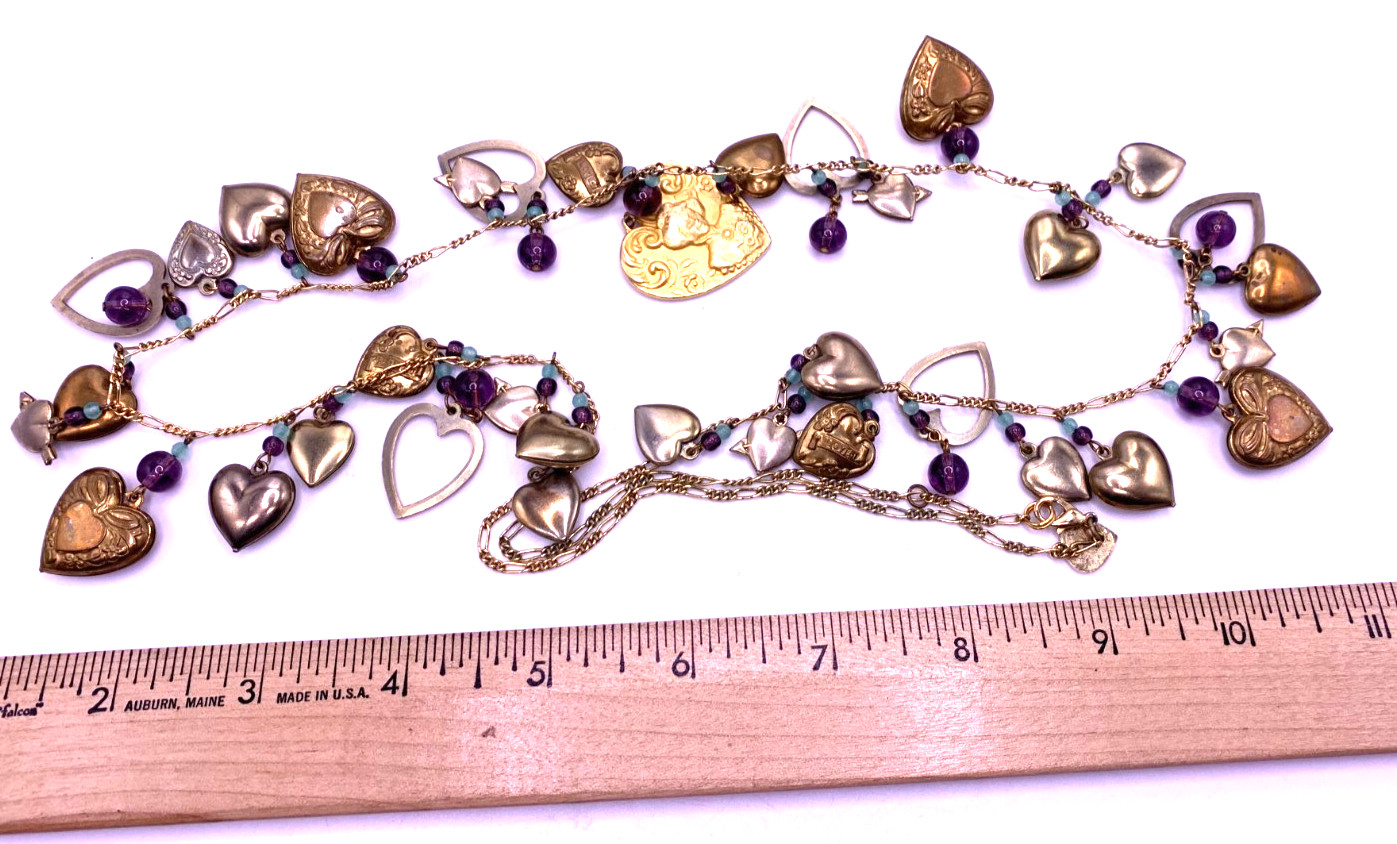 Vintage Lucy Isaacs Charm Necklace puffy hearts Victorian beaded extra long