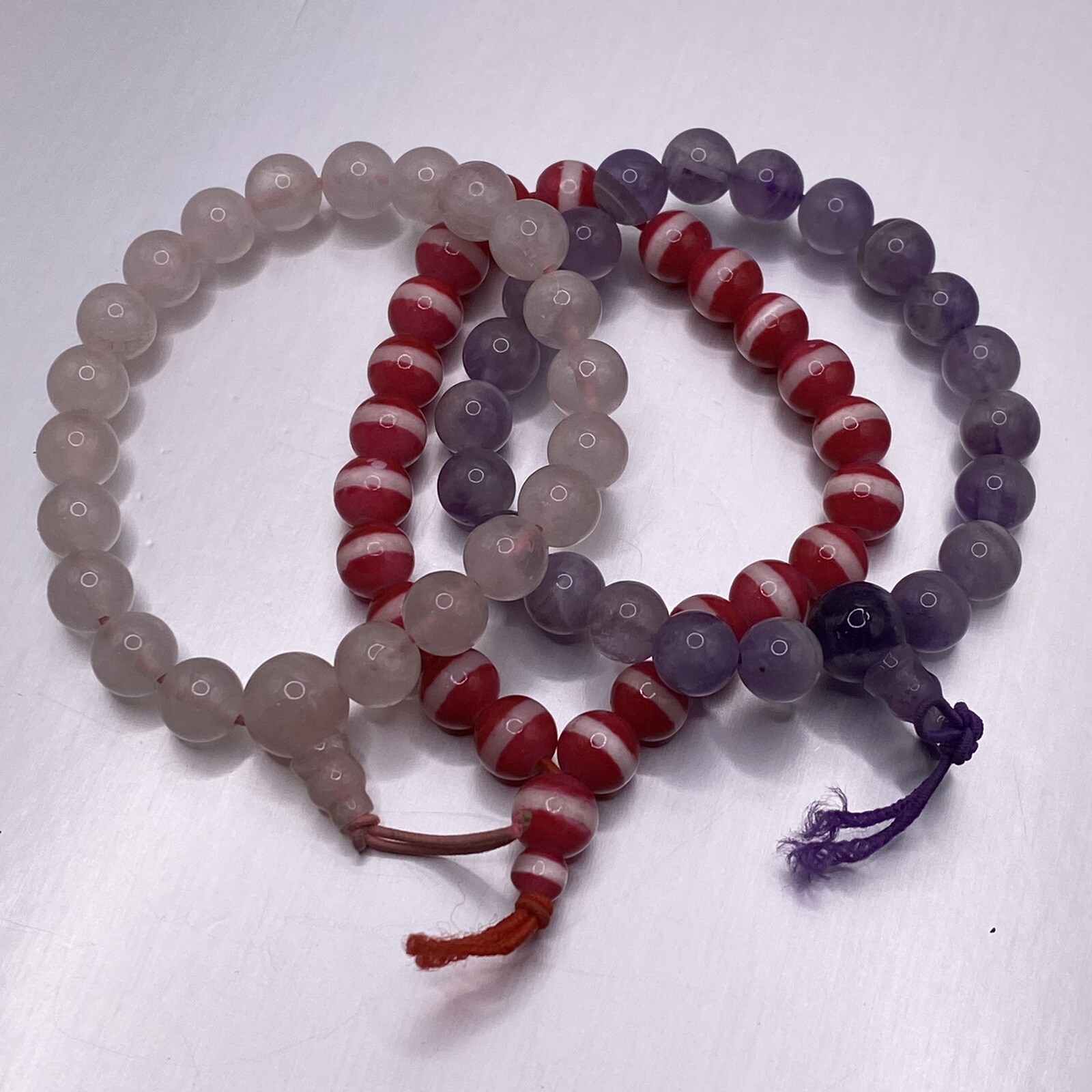 Stone Stretch Bracelet Lot Purple Amethyst Pink Rose Quartz Red Cats Eye Chakra
